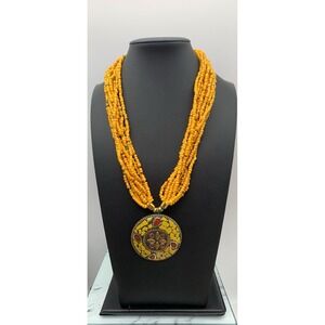 Vintage Handmade Round Mosaic Pendant Yellow Seed Bead Multi Strand Necklace